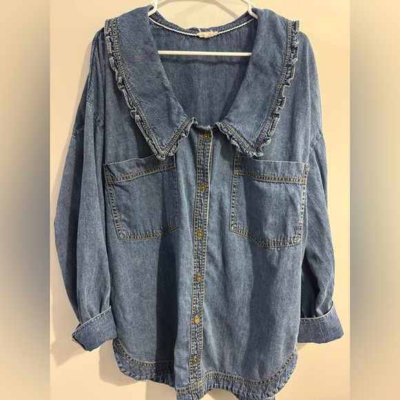 Pilcro Frill Collar Denim Buttondown Shirt - Picture 5 of 7